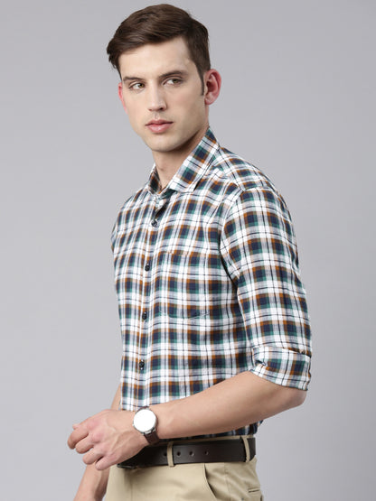 5thanfold Men's Formal Pure Cotton Full Sleeve Checkered White Slim Fit Shirt