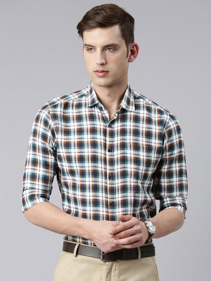 5thanfold Men's Formal Pure Cotton Full Sleeve Checkered White Slim Fit Shirt