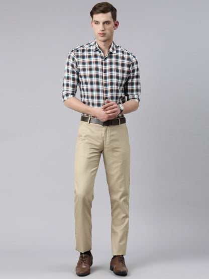 5thanfold Men's Formal Pure Cotton Full Sleeve Checkered White Slim Fit Shirt