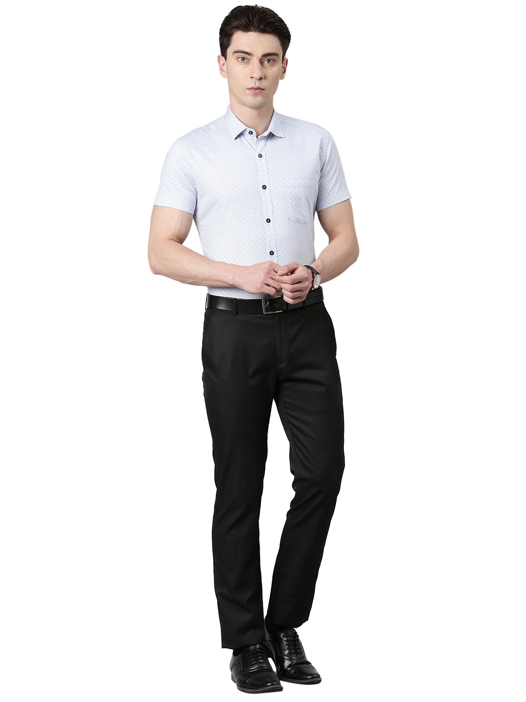 5thanfold Men's Formal Pure Cotton Lycra (Stretch)  Half Sleeve Polka Print Light Blue Slim Fit Shirt