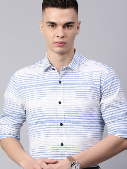 5thanfold Men's Pure Cotton Formal Full Sleeve Striped Blue Slim Fit Shirt