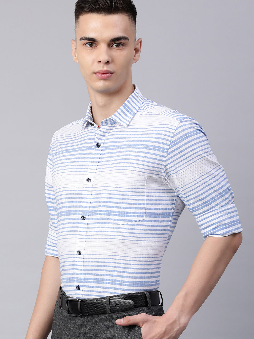 5thanfold Men's Pure Cotton Formal Full Sleeve Striped Blue Slim Fit Shirt