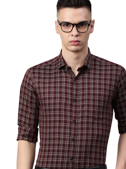 5thanfold Men's Formal Pure Cotton Full Sleeve Checkered Maroon Slim Fit Shirt