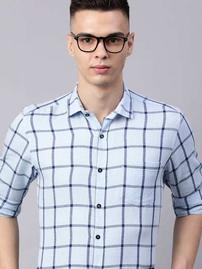 5thanfold Men's Formal Pure Cotton Full Sleeve Checkered Blue Slim Fit Shirt