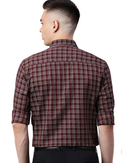 5thanfold Men's Formal Pure Cotton Full Sleeve Checkered Maroon Slim Fit Shirt