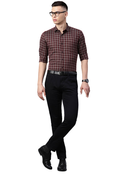 5thanfold Men's Formal Pure Cotton Full Sleeve Checkered Maroon Slim Fit Shirt