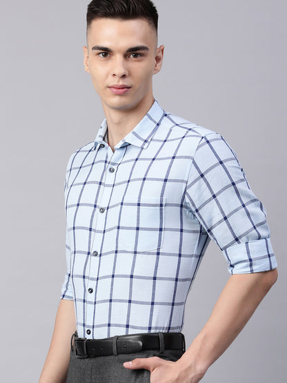 5thanfold Men's Formal Pure Cotton Full Sleeve Checkered Blue Slim Fit Shirt