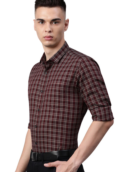 5thanfold Men's Formal Pure Cotton Full Sleeve Checkered Maroon Slim Fit Shirt