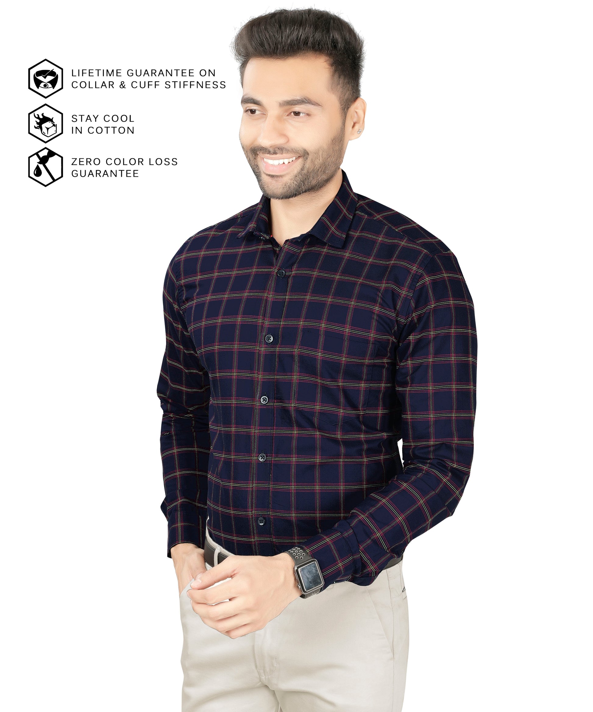 5thanfold Men's Formal Pure Cotton Full Sleeve Checkered Dark blue Slim Fit Shirt