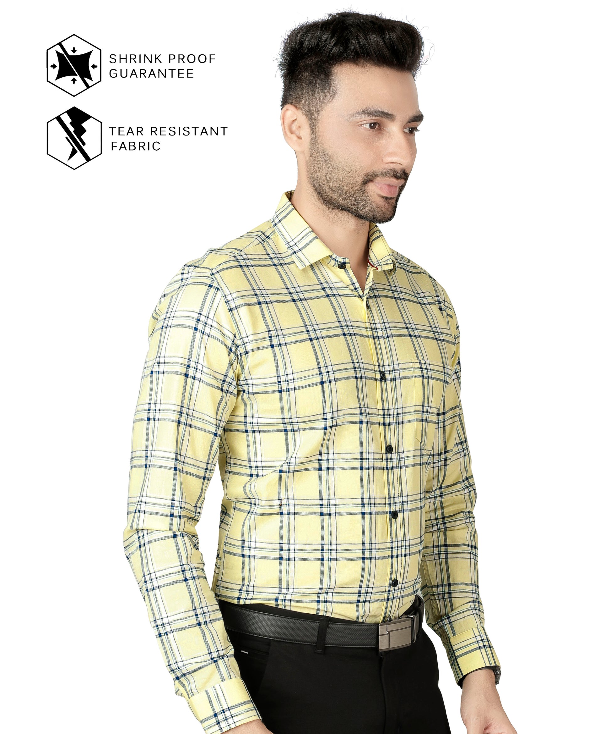 5thanfold Men's Formal Pure Cotton Full Sleeve Checkered Yellow Slim Fit Shirt