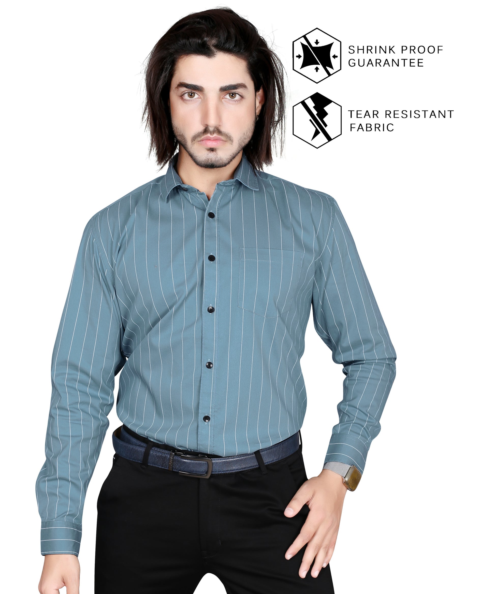 5thanfold Men's Formal Pure Cotton Full Sleeve Striped Sky Blue Slim Fit Shirt