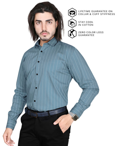 5thanfold Men's Formal Pure Cotton Full Sleeve Striped Sky Blue Slim Fit Shirt