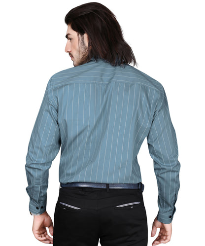 5thanfold Men's Formal Pure Cotton Full Sleeve Striped Sky Blue Slim Fit Shirt