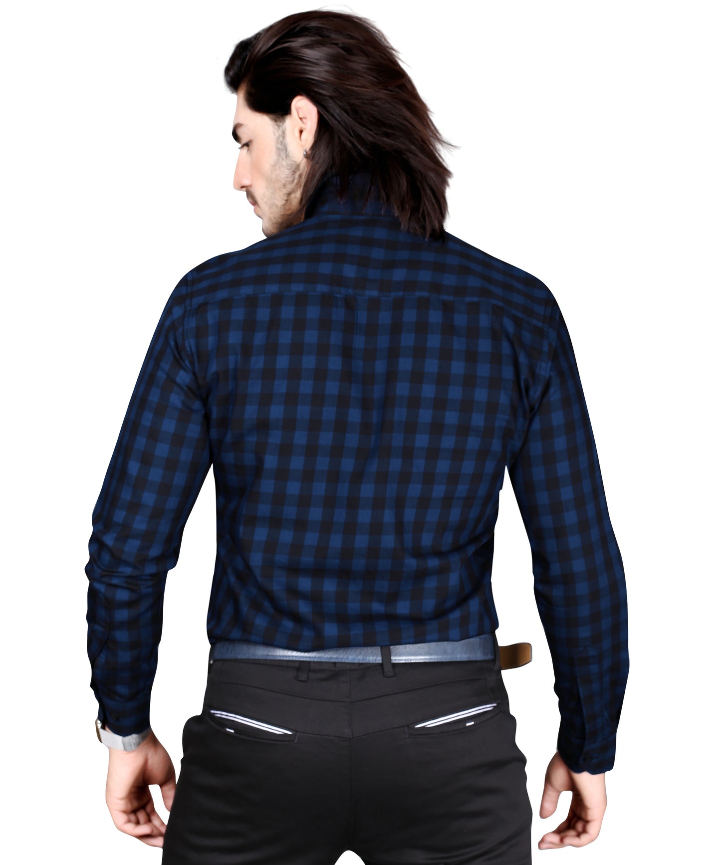 5thanfold Men's Formal Pure Cotton Full Sleeve Checkered Dark Blue Slim Fit Shirt
