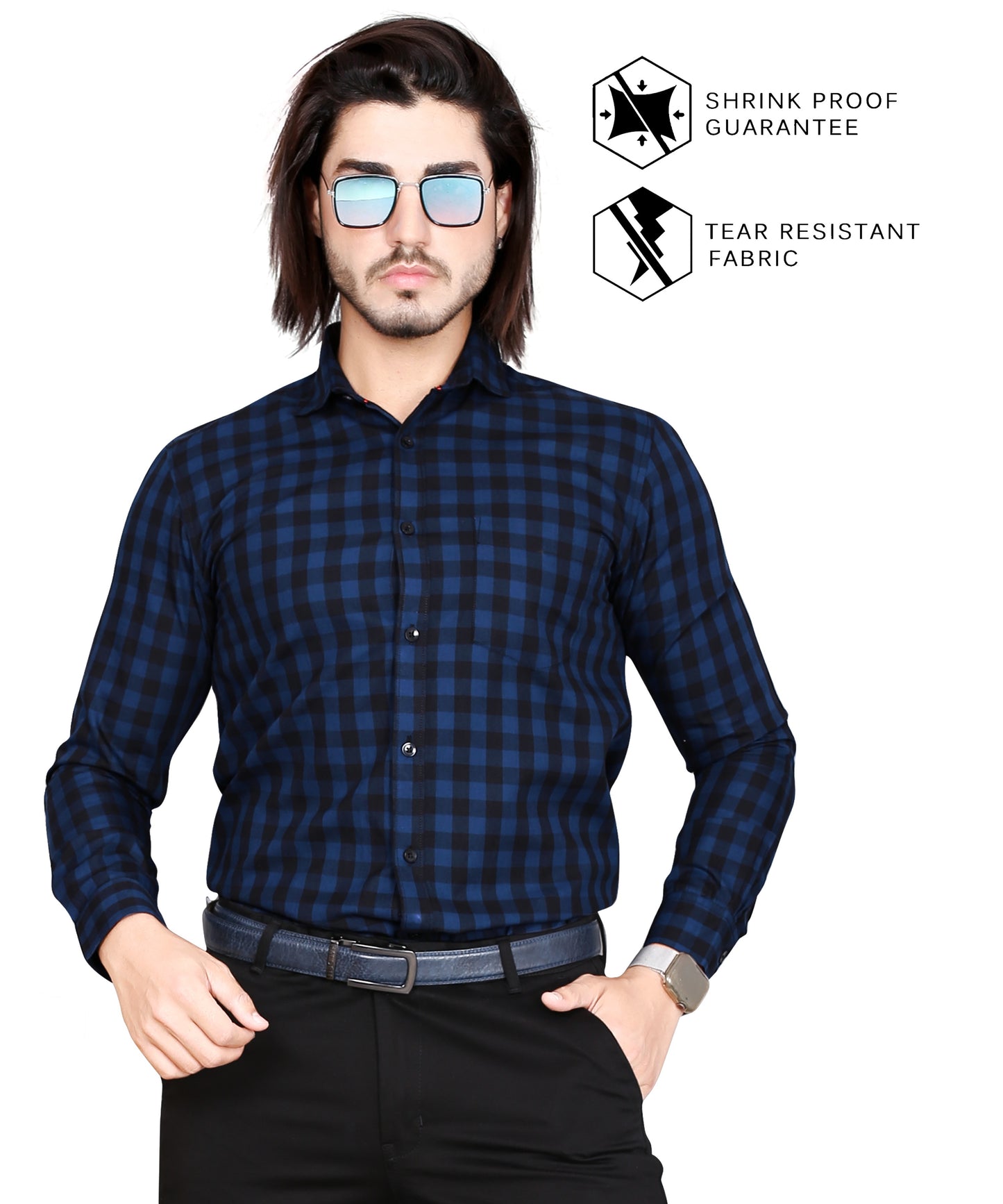 5thanfold Men's Formal Pure Cotton Full Sleeve Checkered Dark Blue Slim Fit Shirt