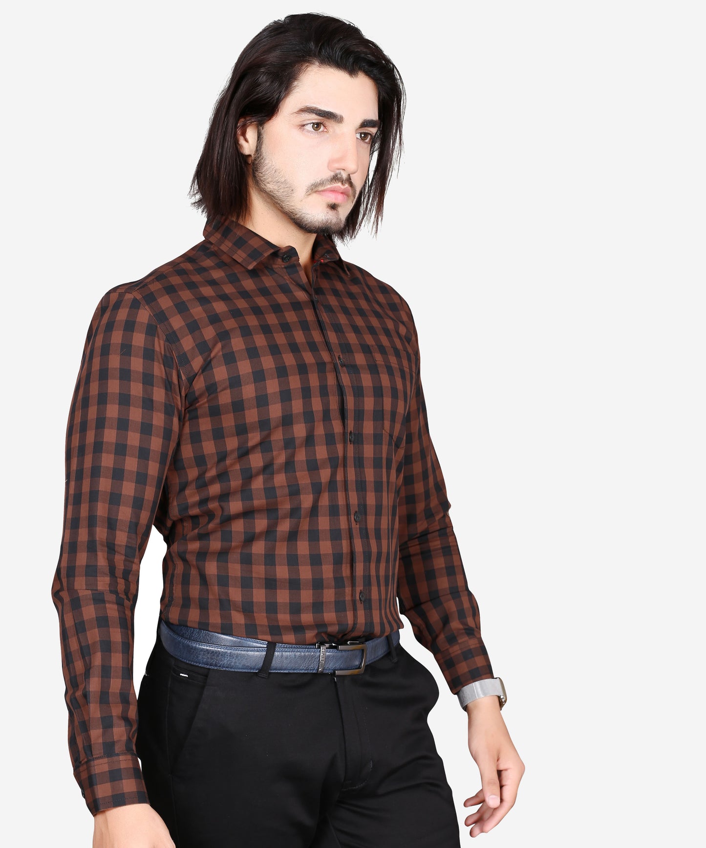 5thanfold Men's Formal Pure Cotton Full Sleeve Checkered Brown Slim Fit Shirt