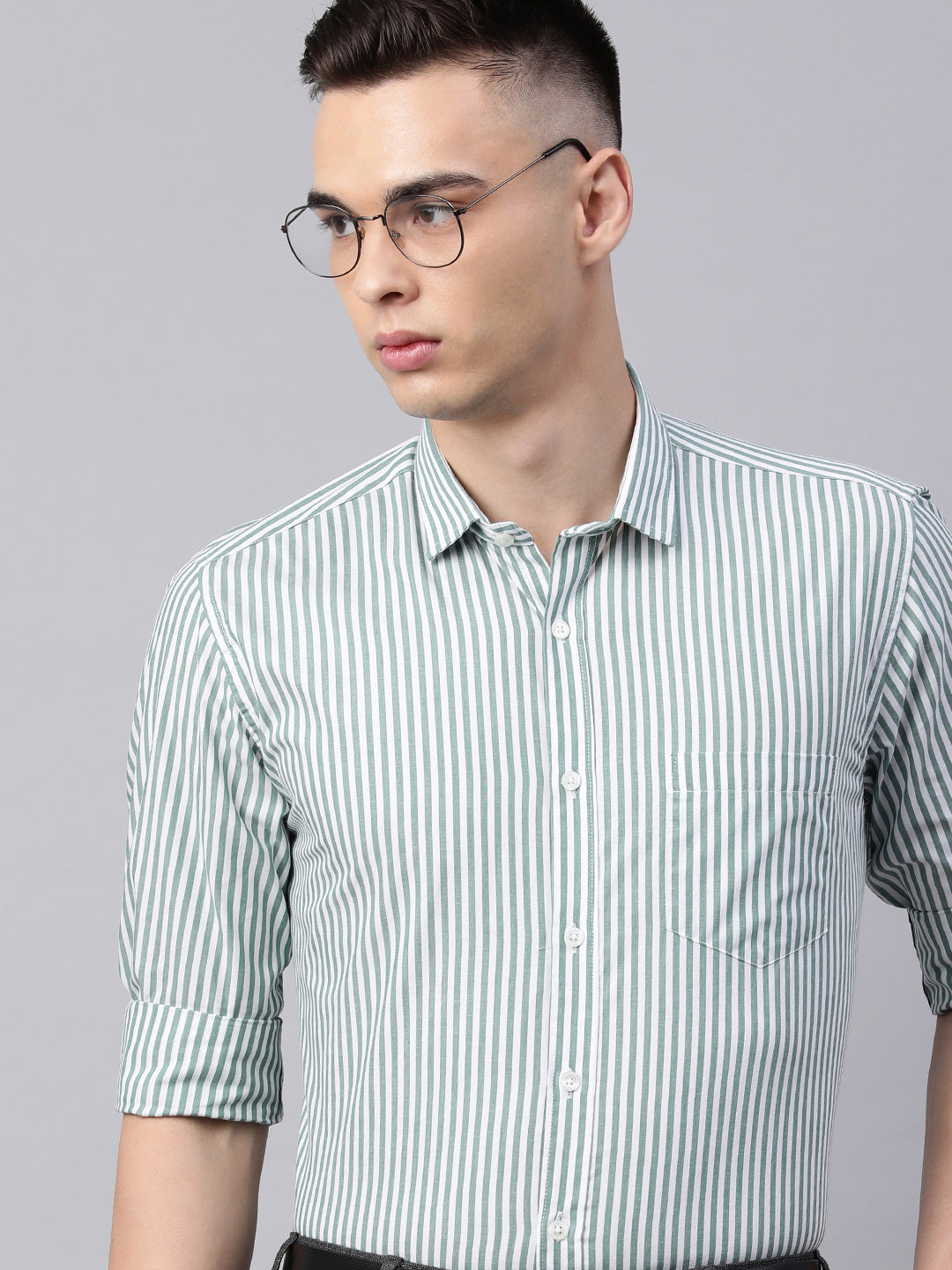 5thanfold Men's Formal Pure Cotton Full Sleeve Striped Green Slim Fit Shirt