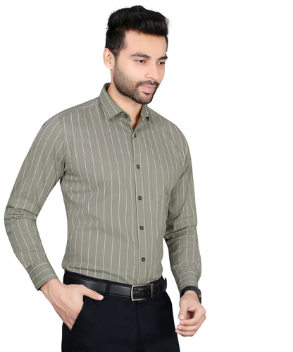 5thanfold Men's Formal Pure Cotton Full Sleeve Striped Grey Slim Fit Shirt